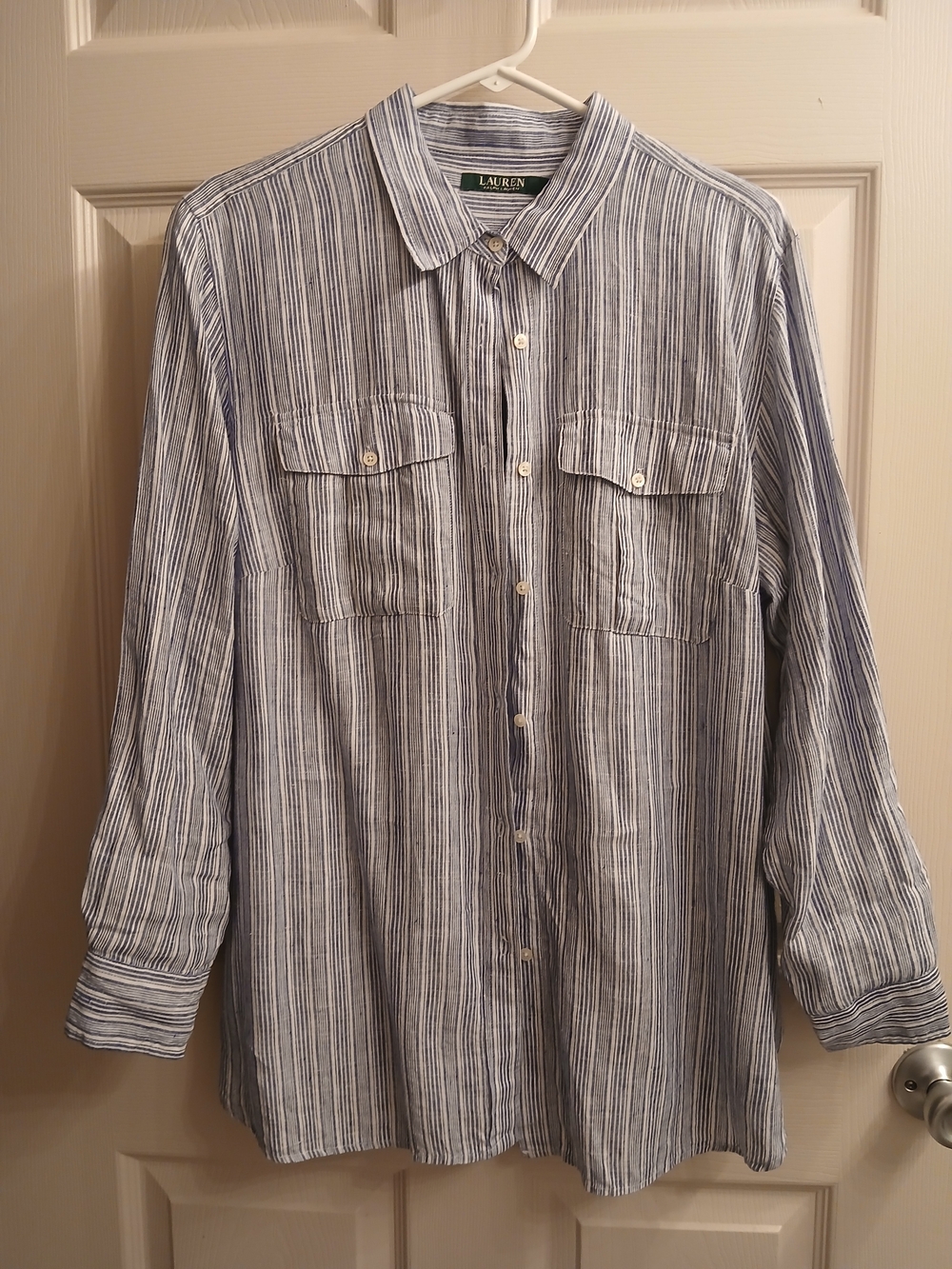 Ralph Lauren Woman’s Blue and White Vertical Stripe Button-Down Shirt